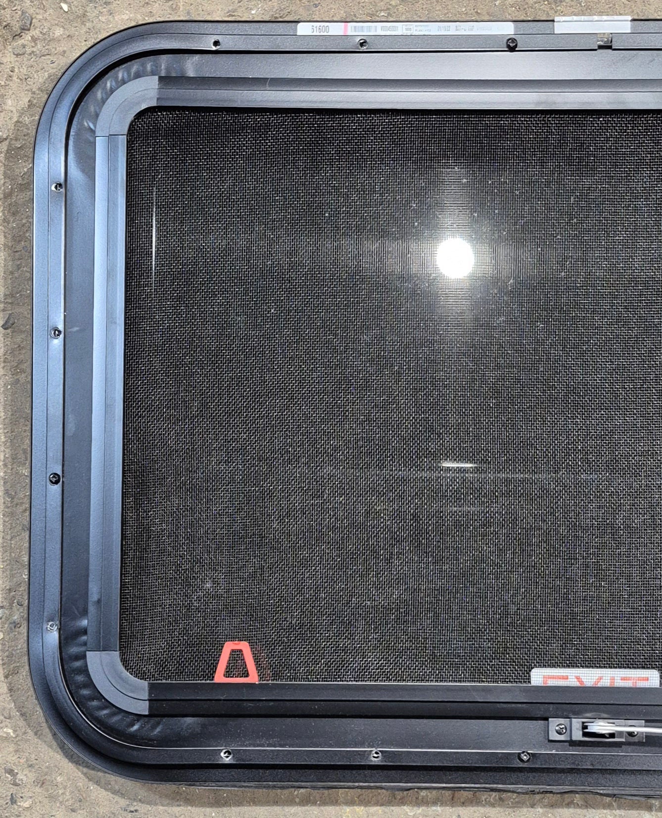 Used Black Radius Emergency Opening Window : 29 1/4" W x 19 1/4" H x 1 1/4" - Young Farts RV Parts