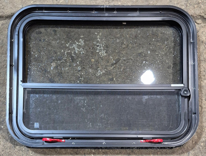 Used Black Radius Emergency Opening Window : 31 1/2" W x 23 1/2" H x 1 7/8" - Young Farts RV Parts