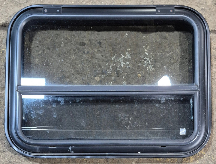 Used Black Radius Emergency Opening Window : 31 1/2" W x 23 1/2" H x 1 7/8" - Young Farts RV Parts