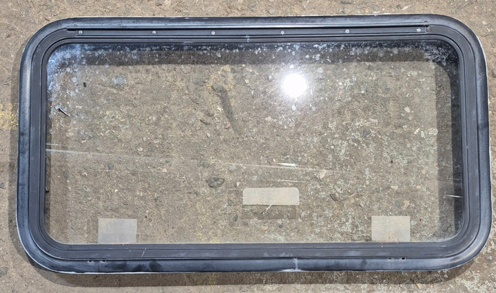 Used Black Radius Emergency Opening Window : 35 1/2" W x 18 1/2" H x 1 7/8" - Young Farts RV Parts