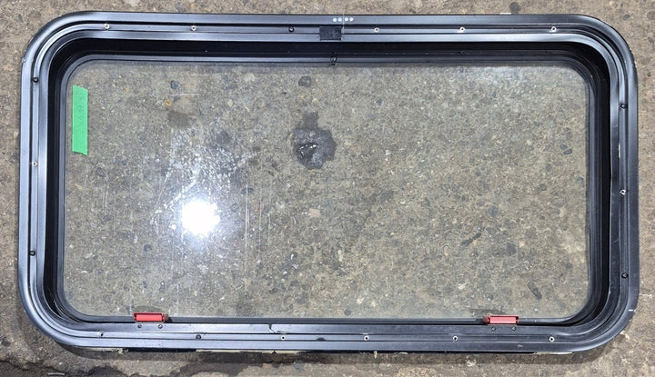 Used Black Radius Emergency Opening Window : 35 1/2" W x 18 3/4" H x 1 7/8" - Young Farts RV Parts