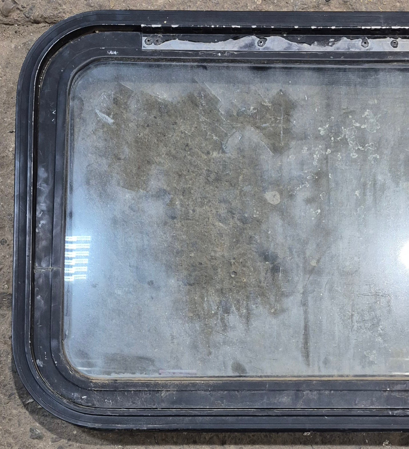 Used Black Radius Emergency Opening Window : 35 1/2" W x 19 1/2" H x 1 1/2" D - Young Farts RV Parts