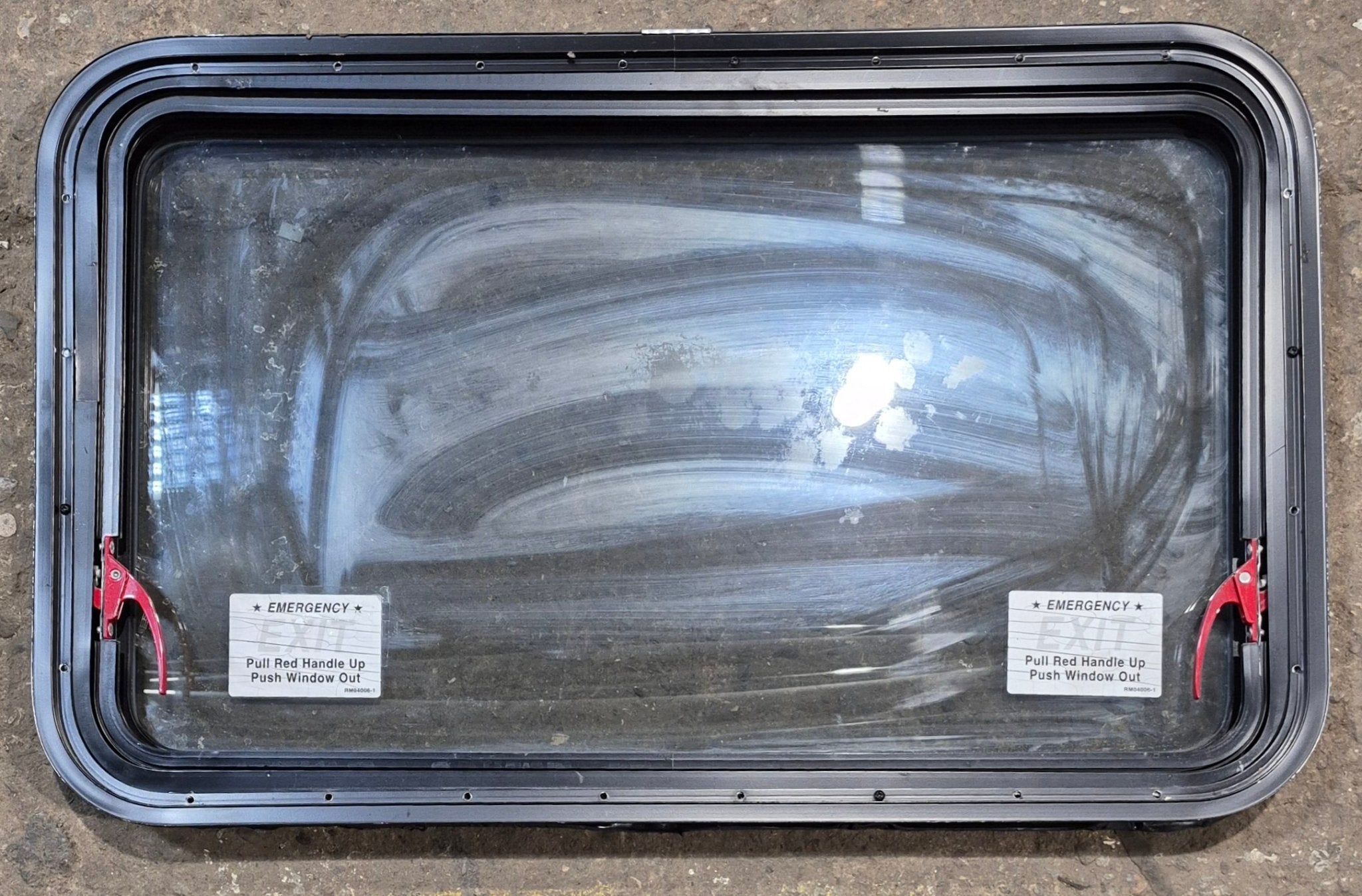 Used Black Radius Emergency Opening Window : 35 1/4" W x 21 1/4" H x 1 3/4" D - Young Farts RV Parts