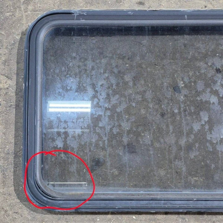 Used Black Radius Emergency Opening Window - 35 1/8" X 21 1/4" X 1 7/8" - Young Farts RV Parts