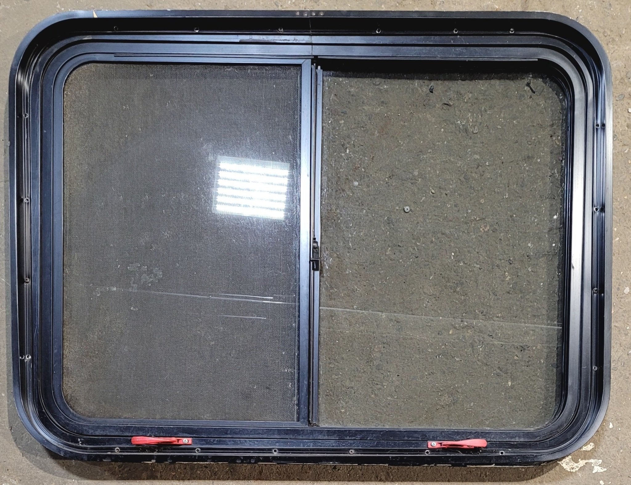 Used Black Radius Emergency Opening Window : 36 3/4" W x 27" H x 1 3/4" - Young Farts RV Parts