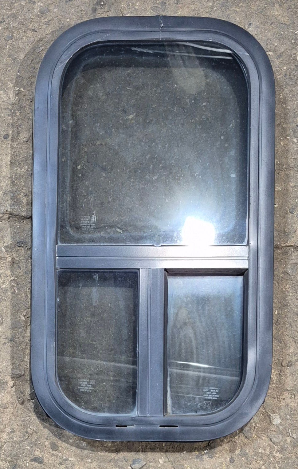 Used Black Radius Opening Window : 11 1/2" W x 21 1/4" H x 1 3/4" D - Young Farts RV Parts