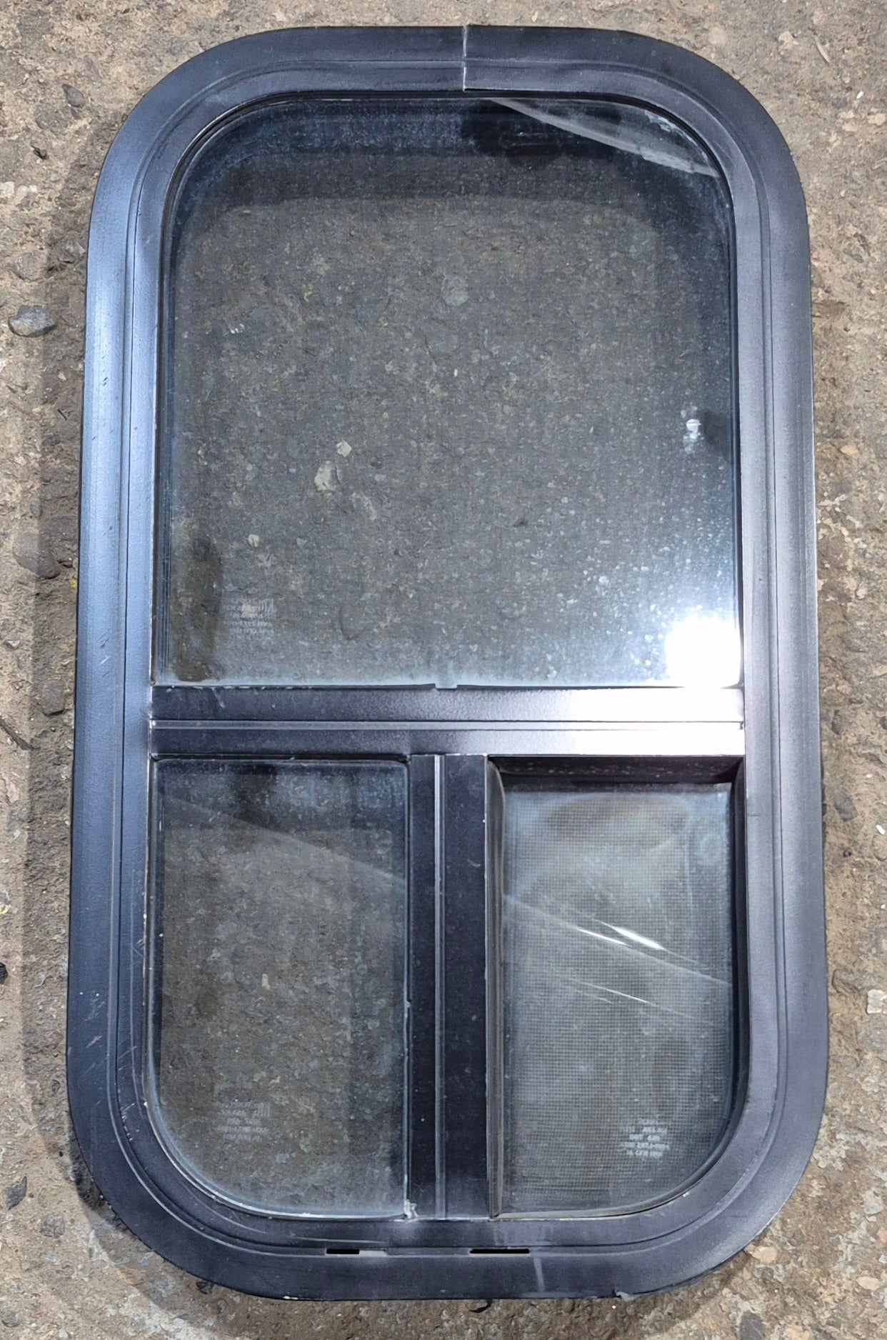 Used Black Radius Opening Window : 11 1/2" W x 21 1/4" H x 1 3/4" D - Young Farts RV Parts