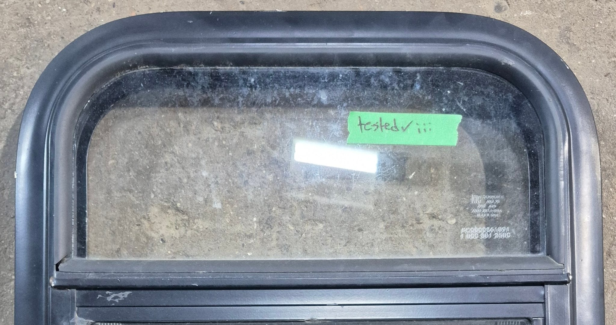 Used Black Radius Opening Window : 15 1/4" W x 15 1/4" H x 1 3/8" D - Young Farts RV Parts
