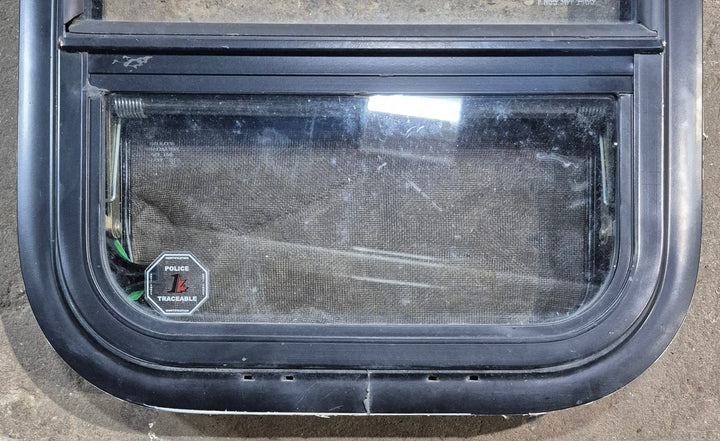 Used Black Radius Opening Window : 15 1/4" W x 15 1/4" H x 1 3/8" D - Young Farts RV Parts