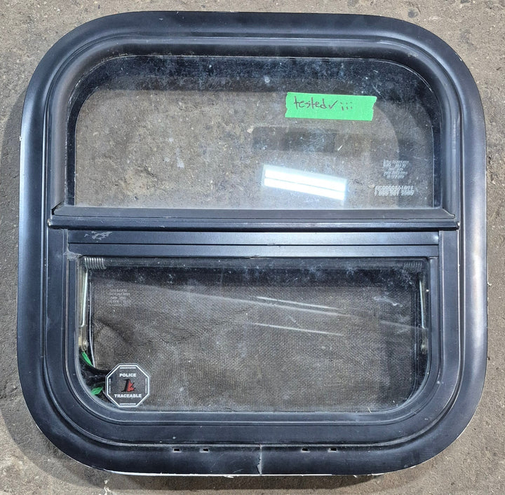 Used Black Radius Opening Window : 15 1/4" W x 15 1/4" H x 1 3/8" D - Young Farts RV Parts