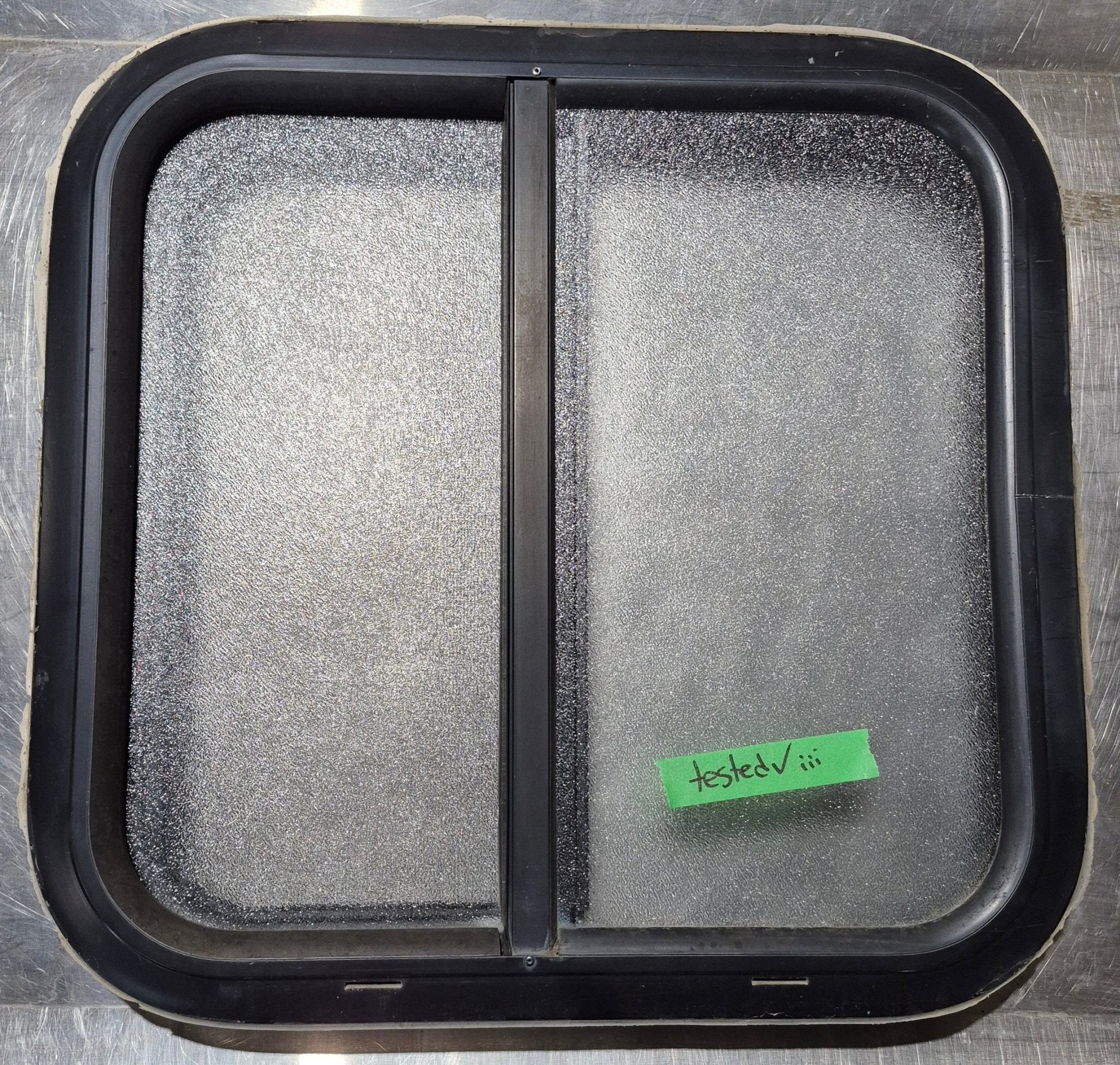 Used Black Radius Opening Window : 18 1/4" W x 17 3/4" H x 1 3/4" - Young Farts RV Parts