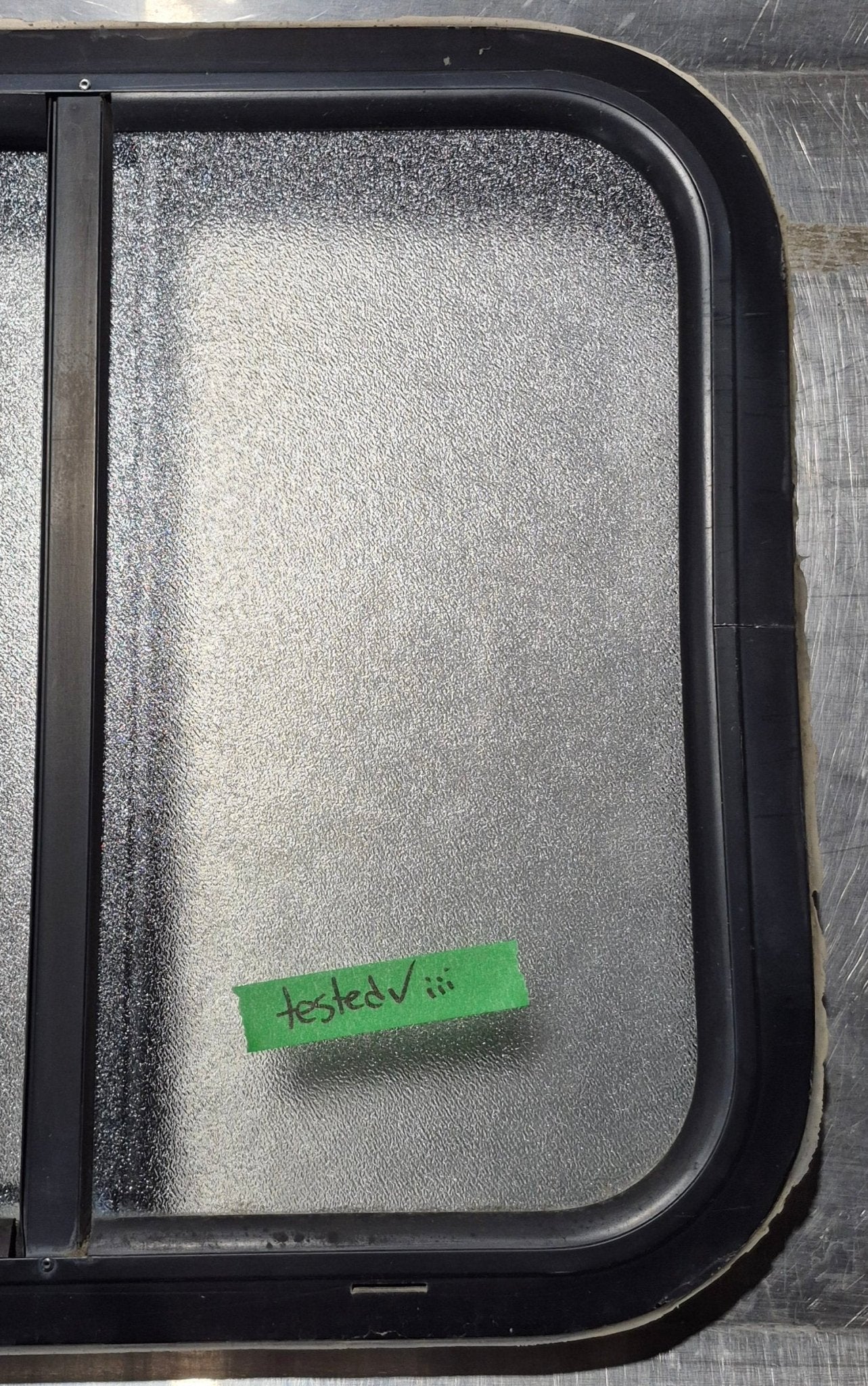 Used Black Radius Opening Window : 18 1/4" W x 17 3/4" H x 1 3/4" - Young Farts RV Parts