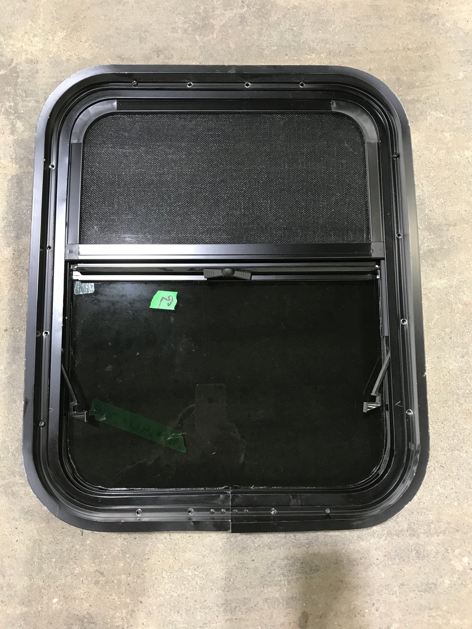 Used Black Radius Opening Window : 21 1/2" W X 17 1/2" H X 1 3/4" D - Young Farts RV Parts