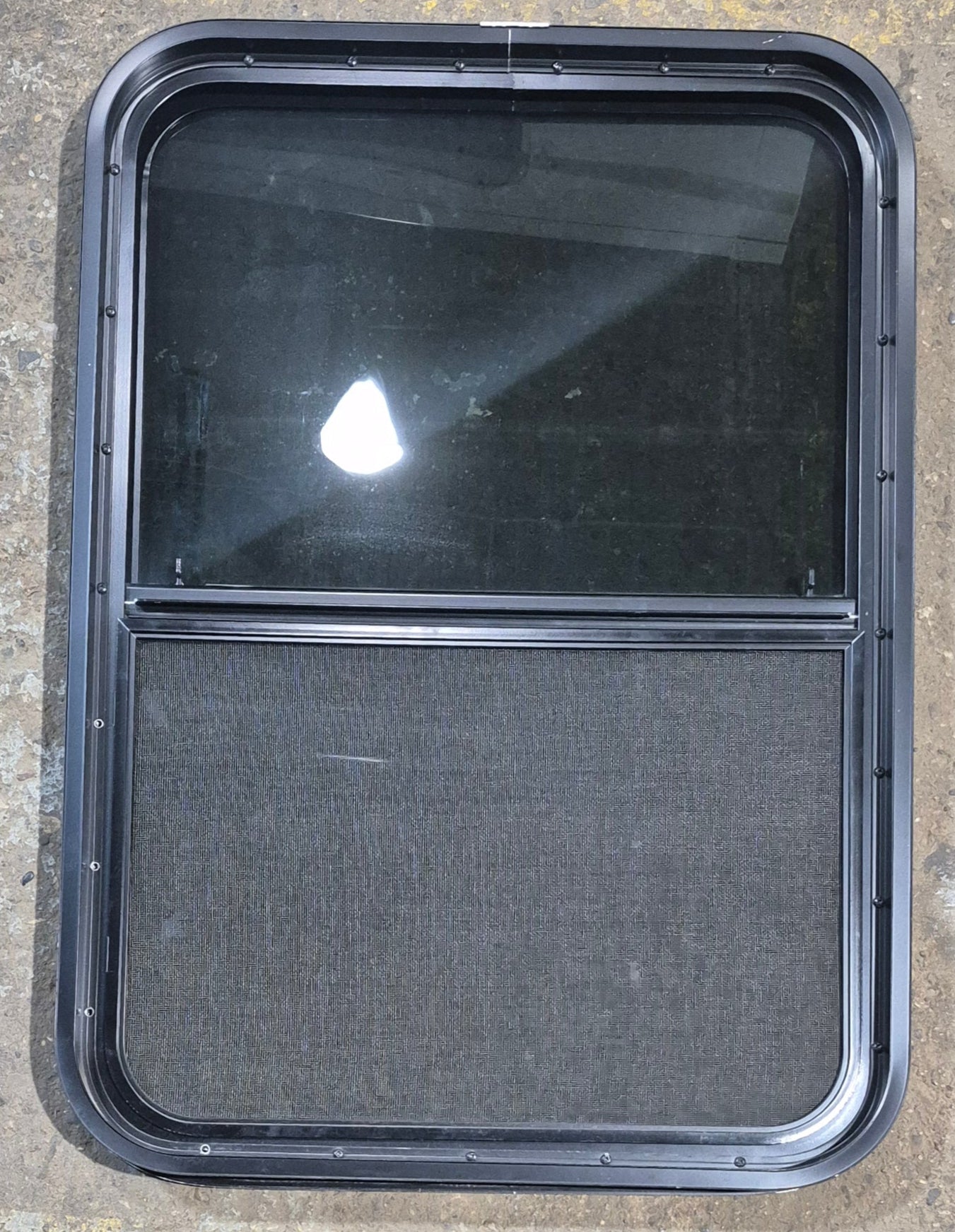 Used Black Radius Opening Window : 23 1/2" W x 33 1/4" H x 1 3/4" - Young Farts RV Parts