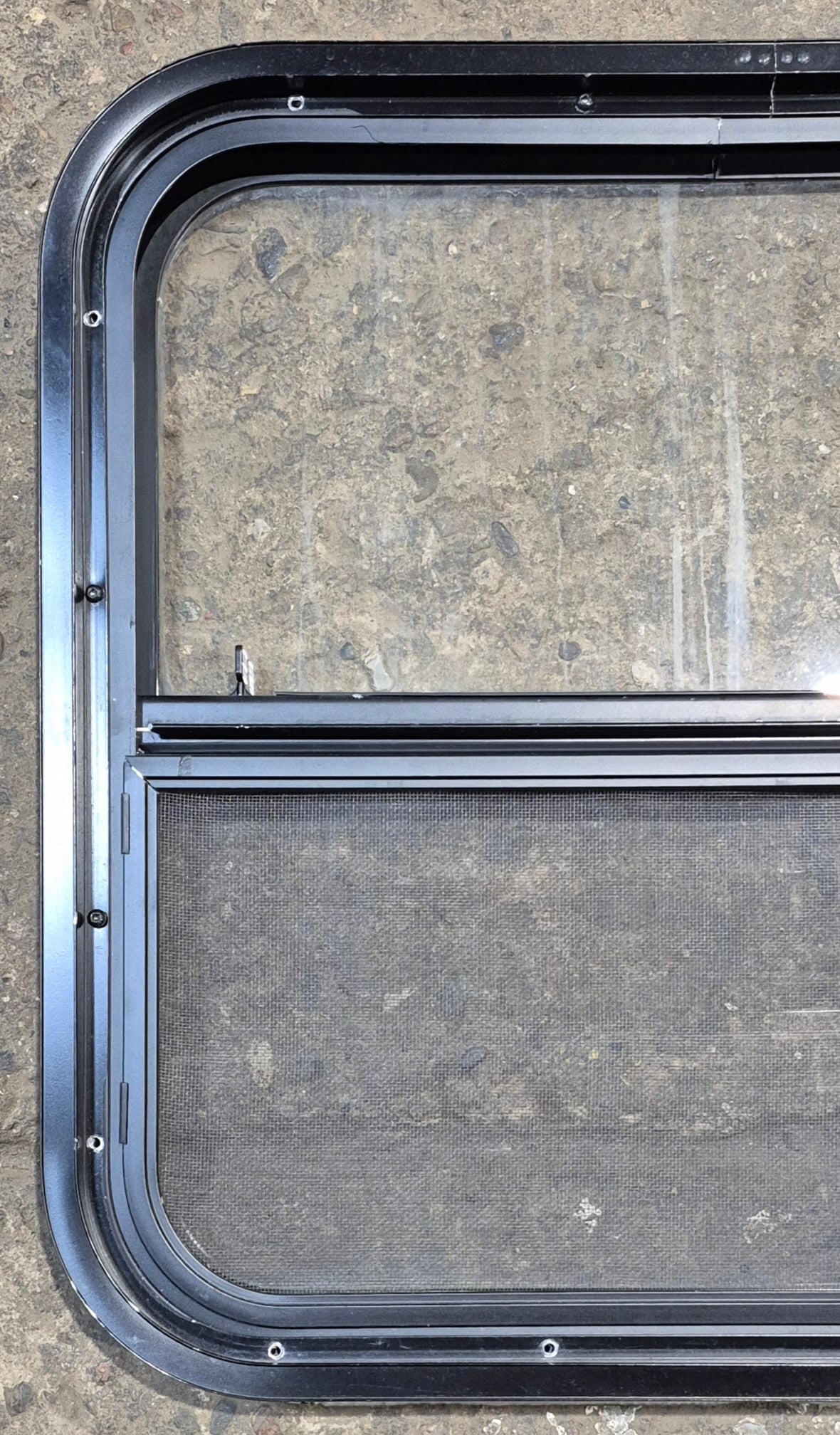 Used Black Radius Opening Window : 23 1/4" W x 21 1/4" H x 1 1/2" - Young Farts RV Parts