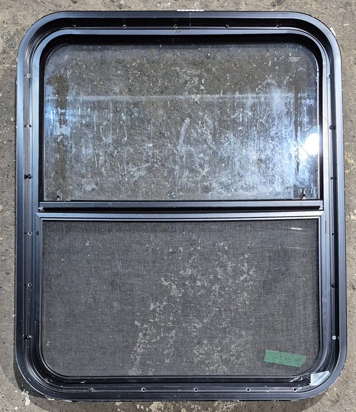 Used Black Radius Opening Window : 23 1/4" W x 28 1/4" H x 1 3/4" D - Young Farts RV Parts