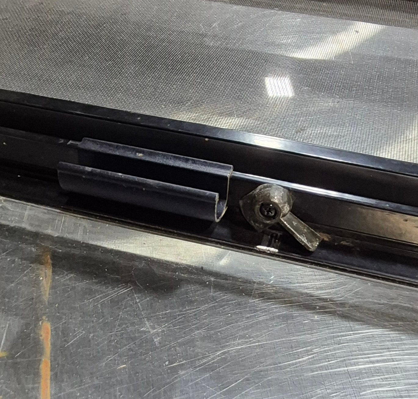 Used Black Radius Opening Window : 24 1/4" W x 25 3/4" H x 1 3/4" - Young Farts RV Parts