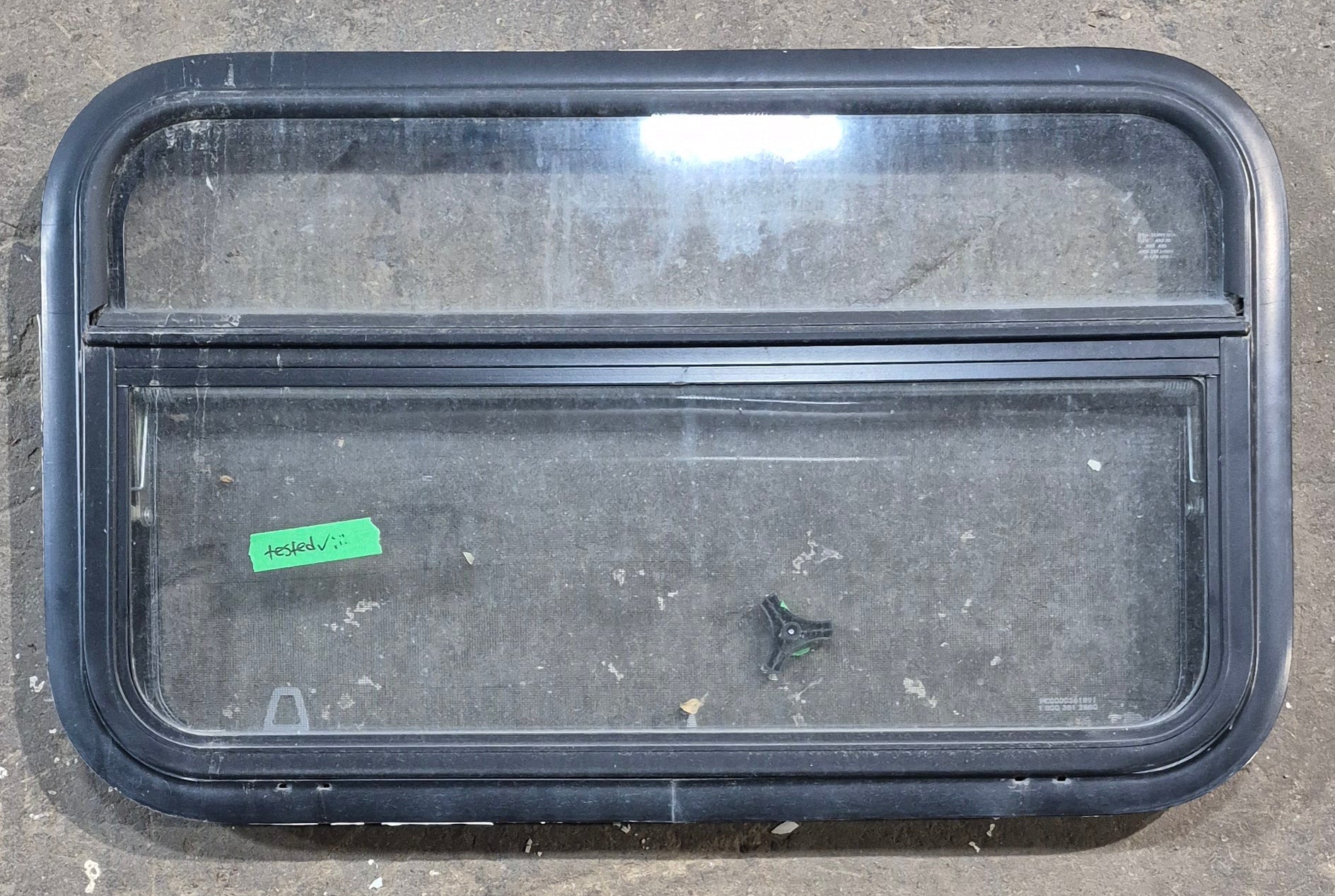 Used Black Radius Opening Window : 29 1/4" W x 17 1/4" H x 1 1/4" D - Young Farts RV Parts