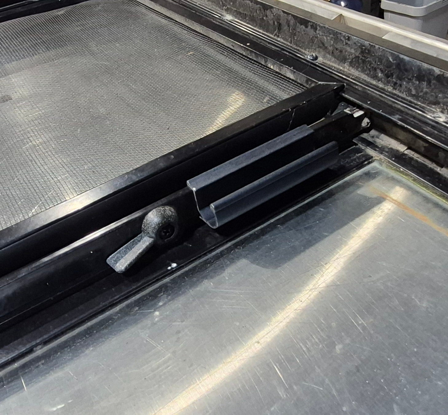 Used Black Radius Opening Window : 30 1/4" W x 11 3/4" H x 1 3/4" - Young Farts RV Parts