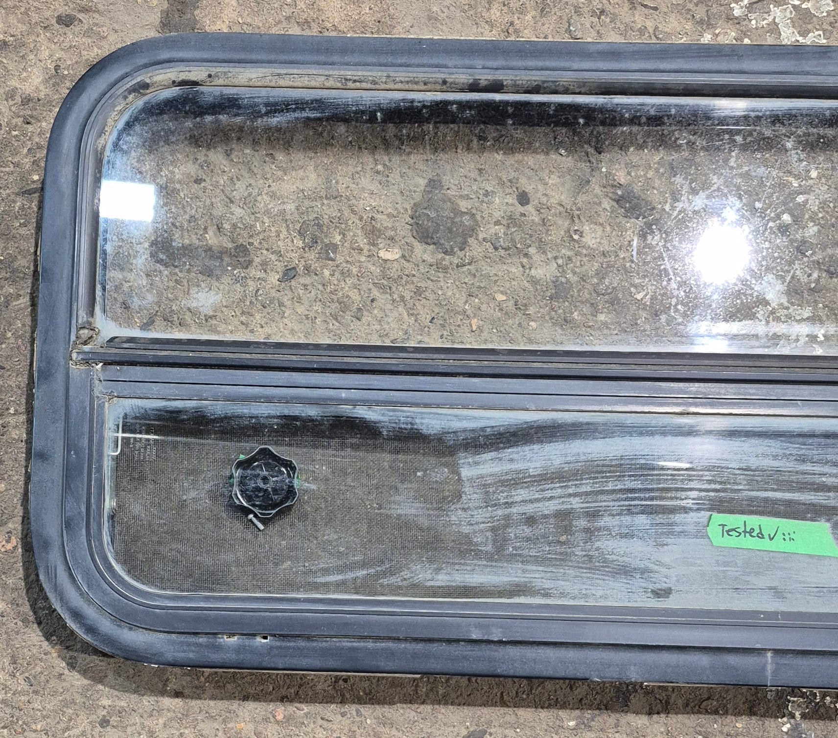 Used Black Radius Opening Window : 35 1/2" W x 17 1/4" H x 1 7/8" - Young Farts RV Parts