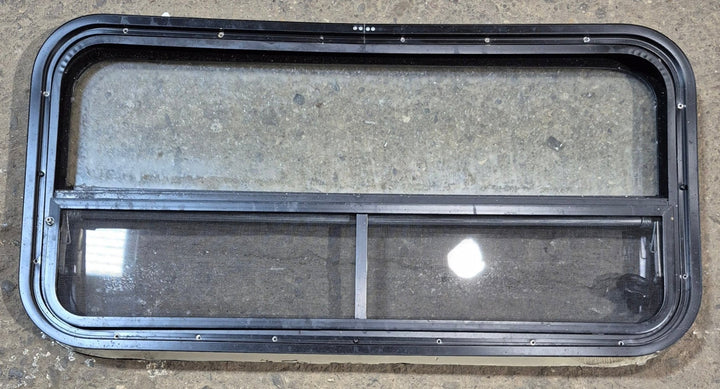 Used Black Radius Opening Window : 35 1/4" W x 17 1/4" H x 1 7/8" - Young Farts RV Parts