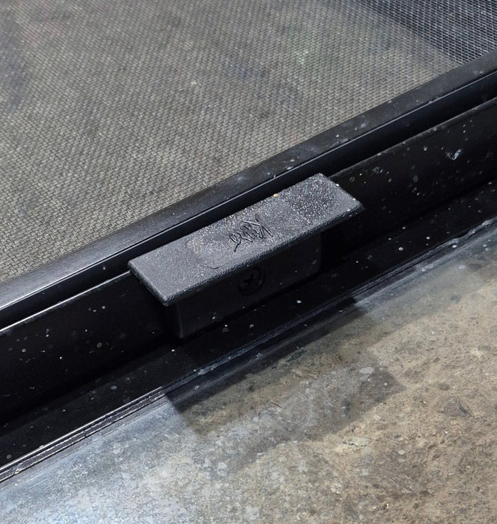 Used Black Radius Opening Window : 59 1/4" W x 14 1/4" H x 1 3/4" - Young Farts RV Parts
