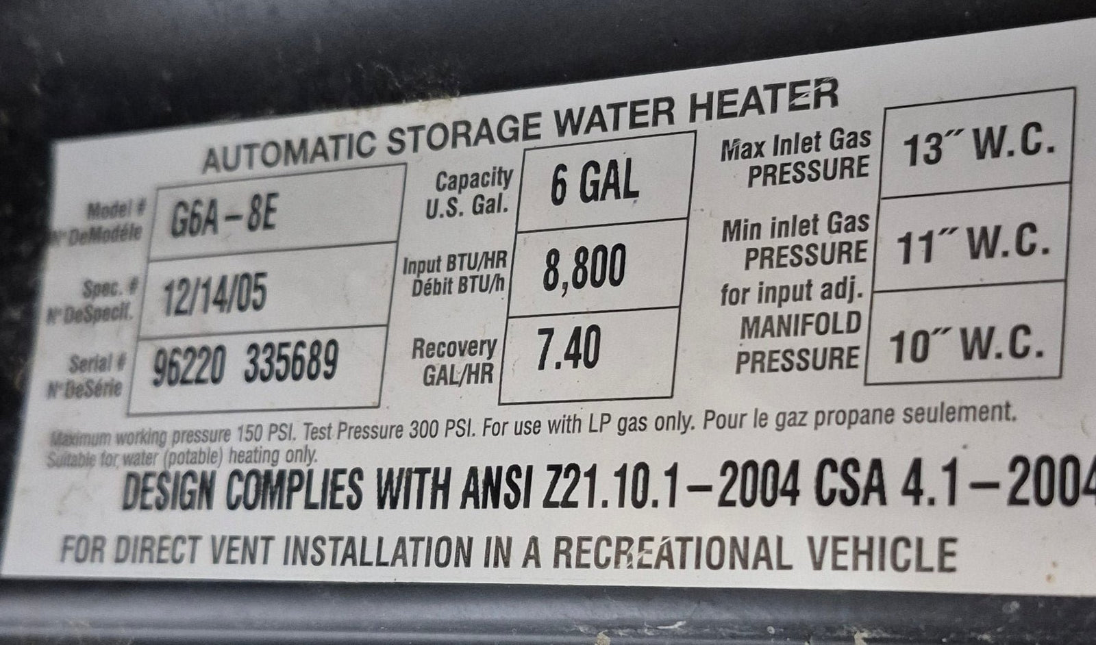 Used Complete Atwood Hot Water Heater, 6 Gal. - G6A - 8E - Young Farts RV Parts