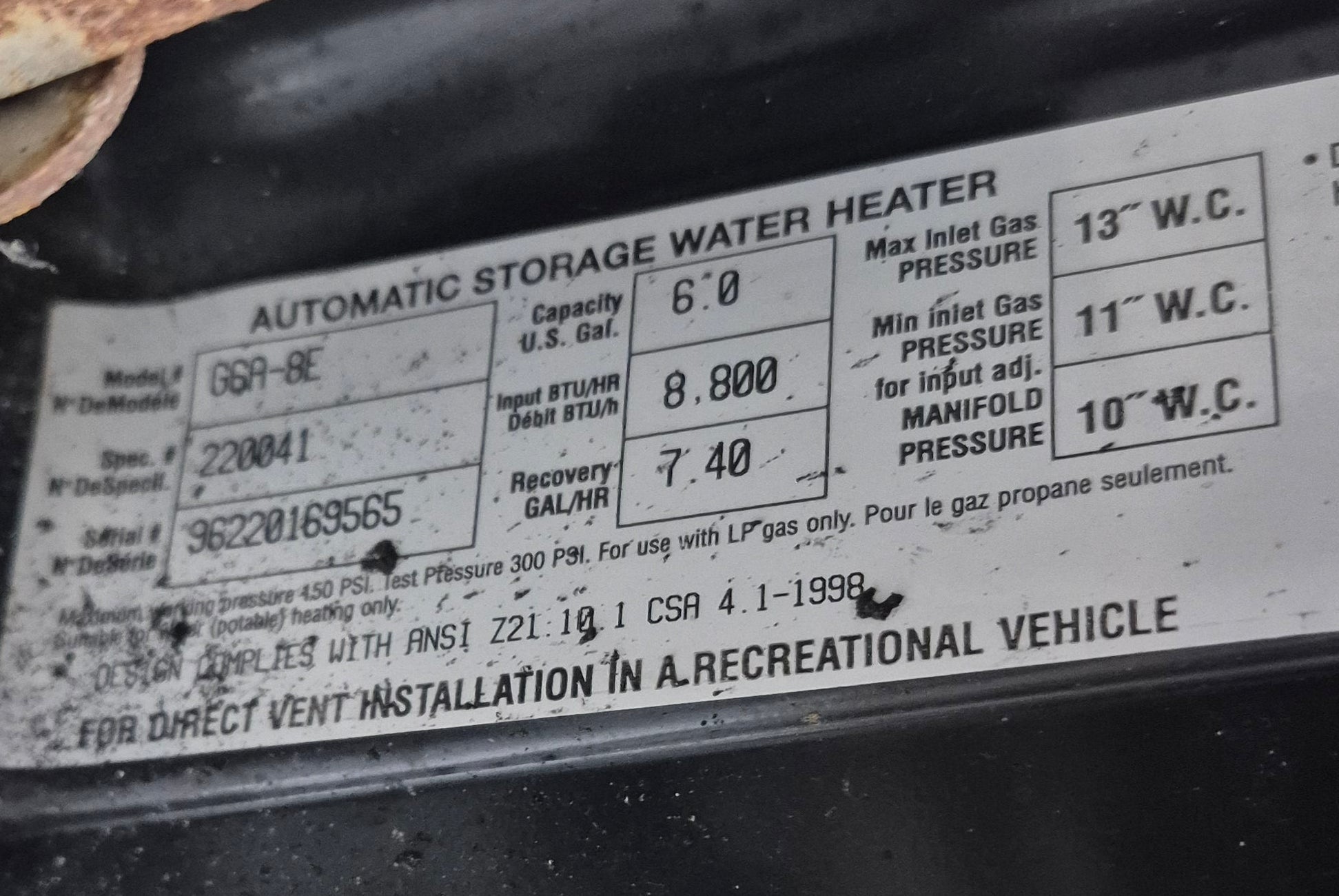 Used Complete Atwood Hot Water Heater, 6 Gal. - G6A - 8E - Young Farts RV Parts