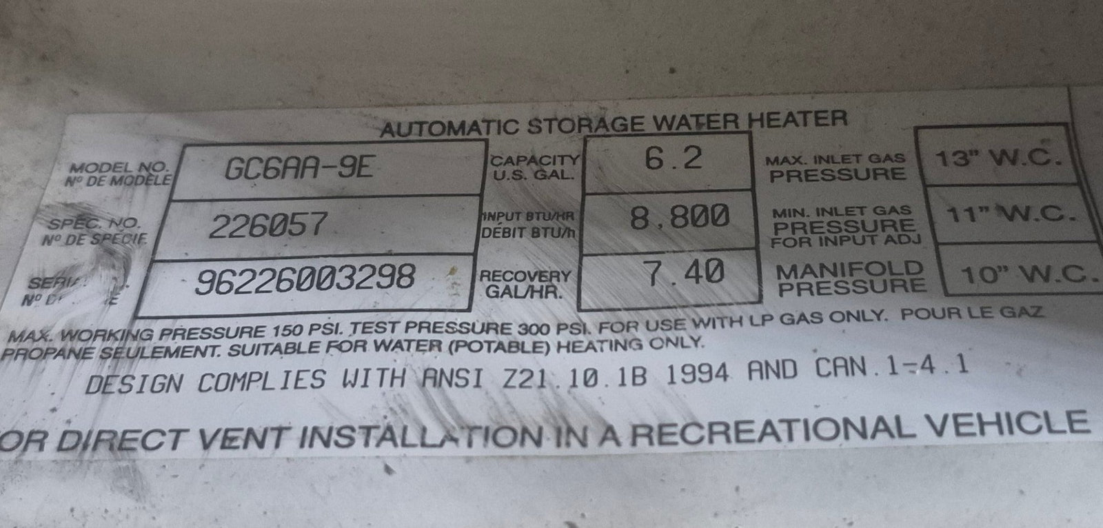 Used Complete Atwood Hot Water Heater, 6 Gal. - GC6AA - 9E - Young Farts RV Parts