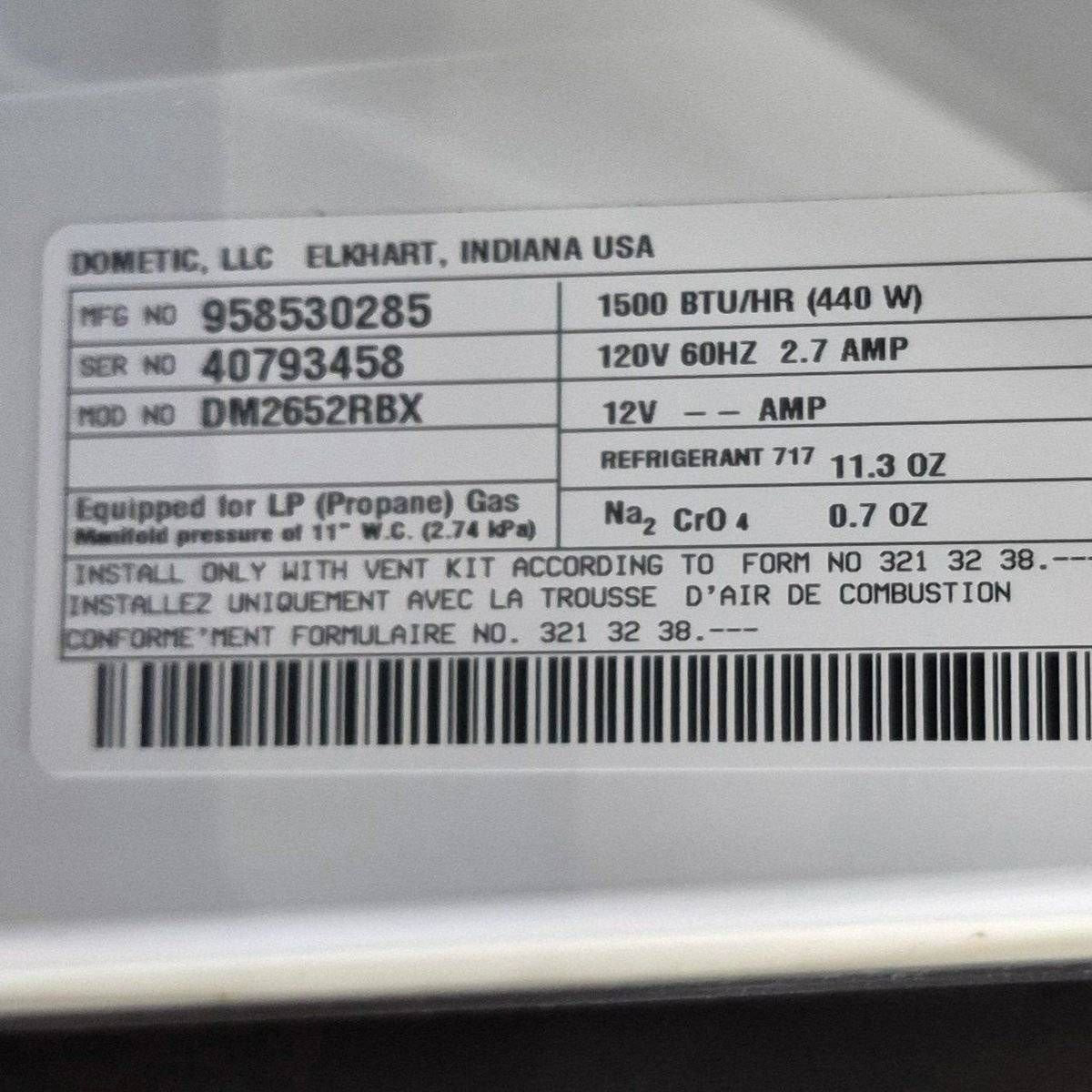 Used Complete Dometic Fridge, 2 - Way - DM2652RBX - Young Farts RV Parts