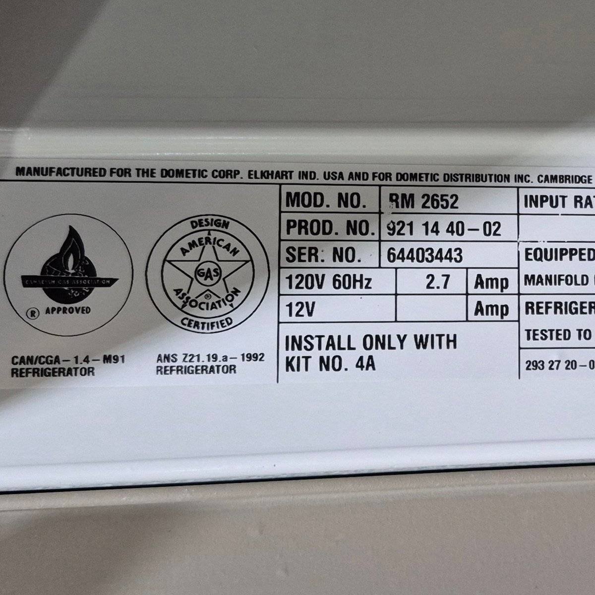 Used Complete Dometic Fridge, 2 - WAY - RM2652 - Young Farts RV Parts
