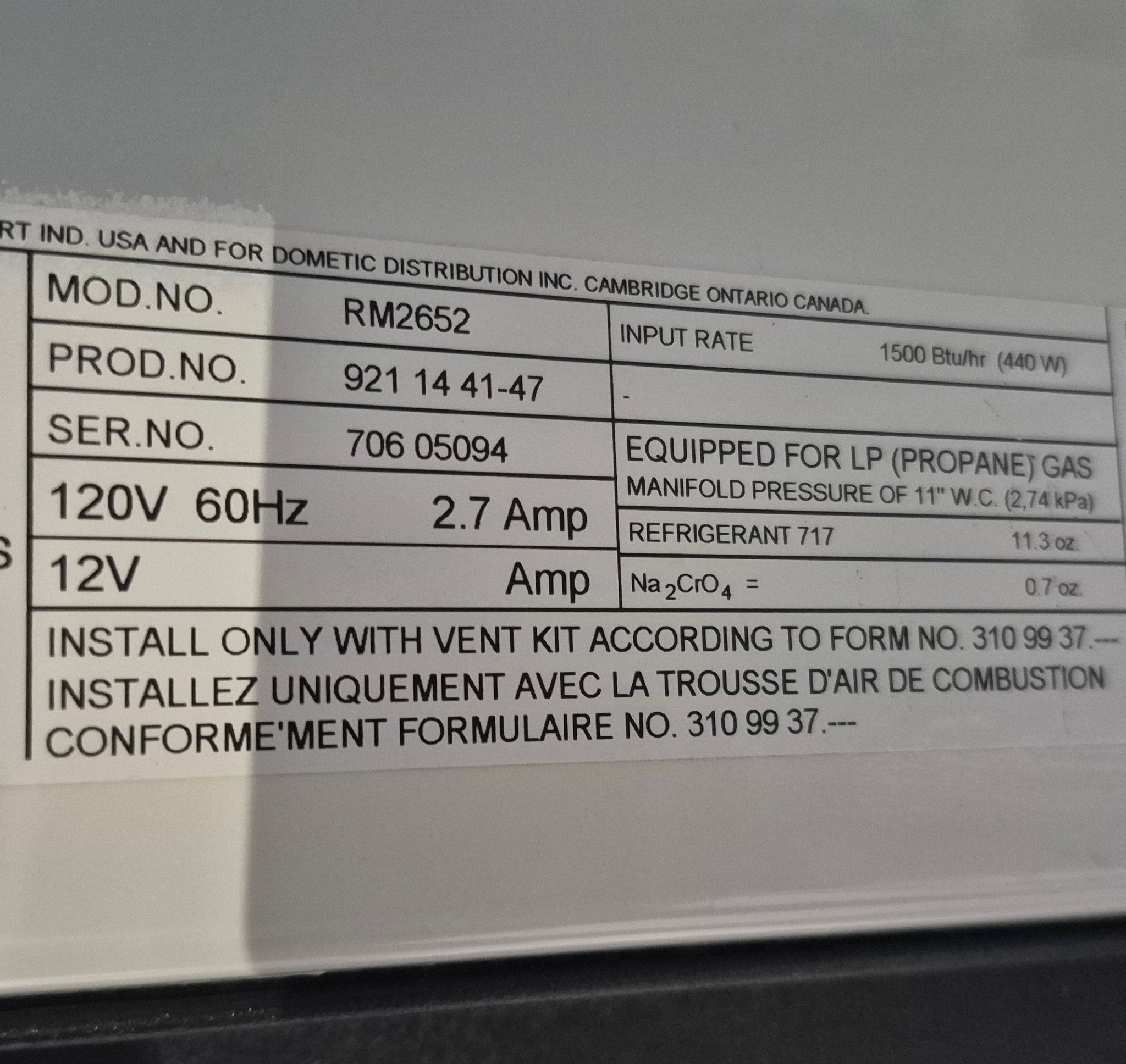 Used Complete Dometic Fridge, 2 - WAY - RM2652 - Young Farts RV Parts