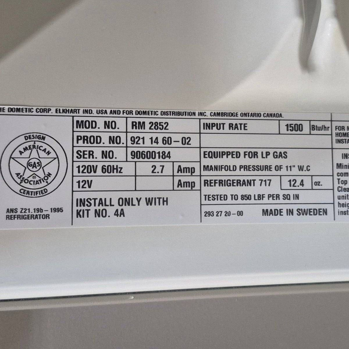 Used Complete Dometic Fridge, 2-Way - RM2852 - Young Farts RV Parts