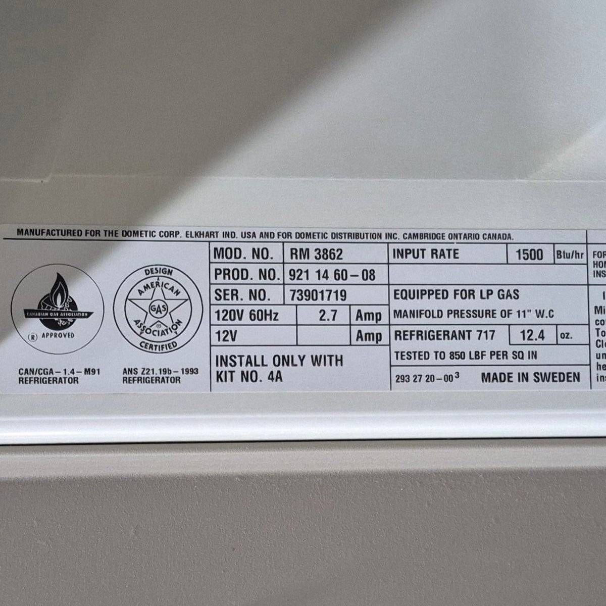 Used Complete Dometic Fridge, 2 - Way - RM3862 - Young Farts RV Parts