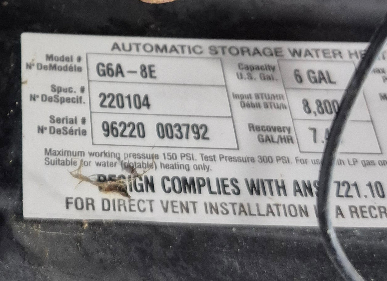 Used Complete G6A - 8E Atwood Hot Water Heater 6 Gal. - Young Farts RV Parts