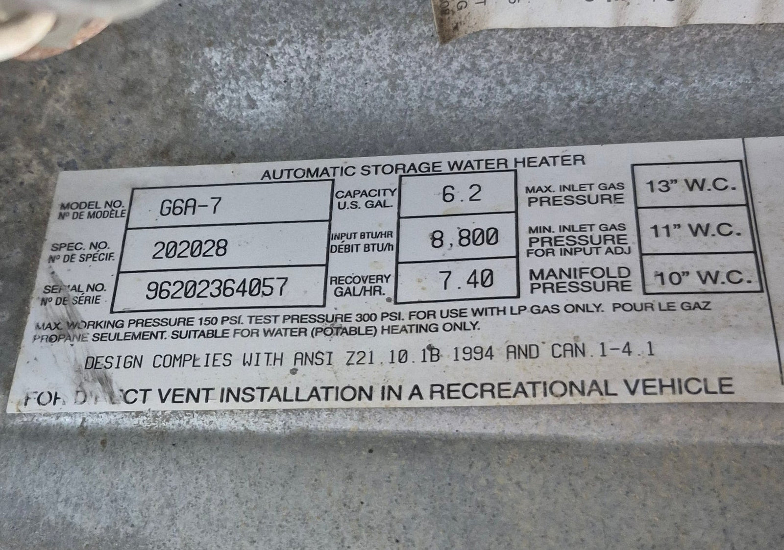 Used Complete G6A-8E Atwood Hot Water Heater 6 Gal. - Young Farts RV Parts