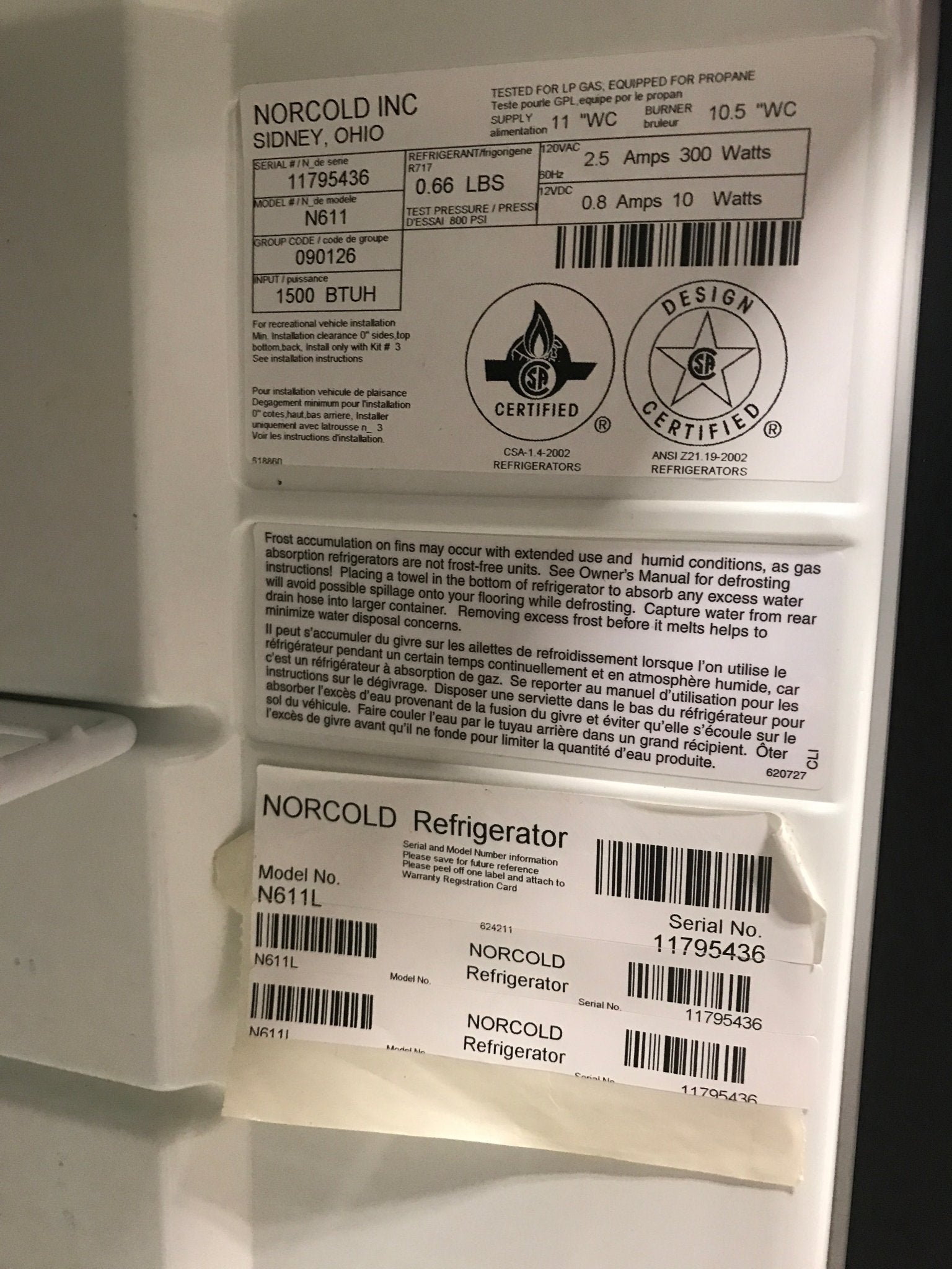 Used Complete Norcold Fridge, 2 - Way - N611L - Young Farts RV Parts