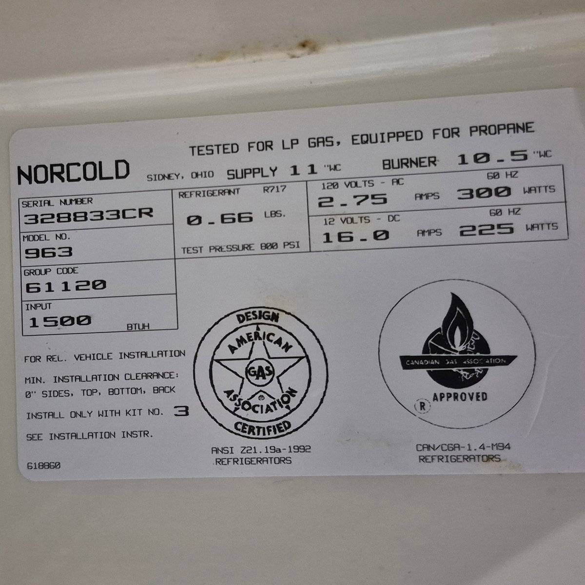 Used Complete Norcold Fridge, 3 - Way - 963 - Young Farts RV Parts