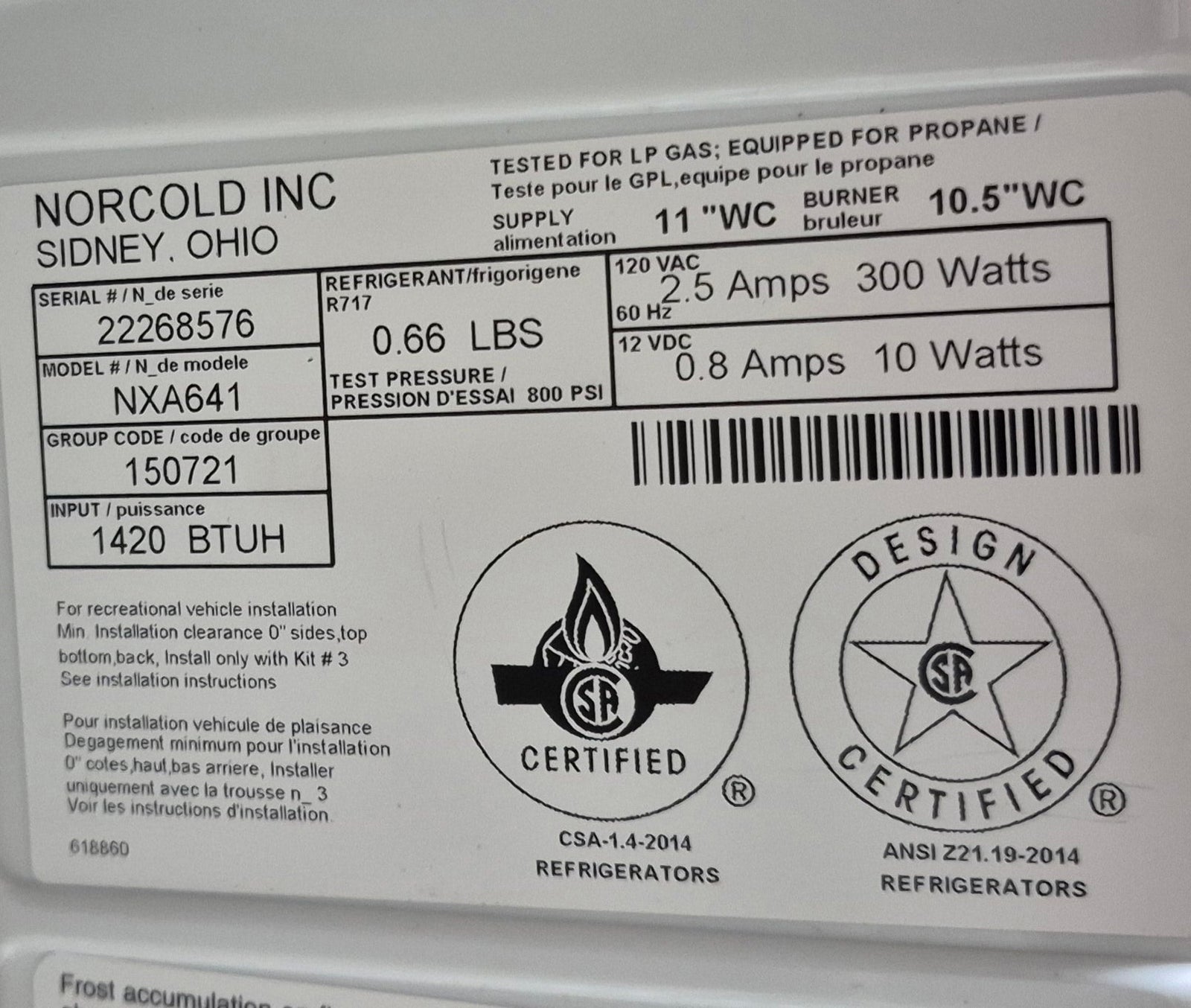 Used Complete Norcold NXA641 Fridge 2 - Way - Young Farts RV Parts