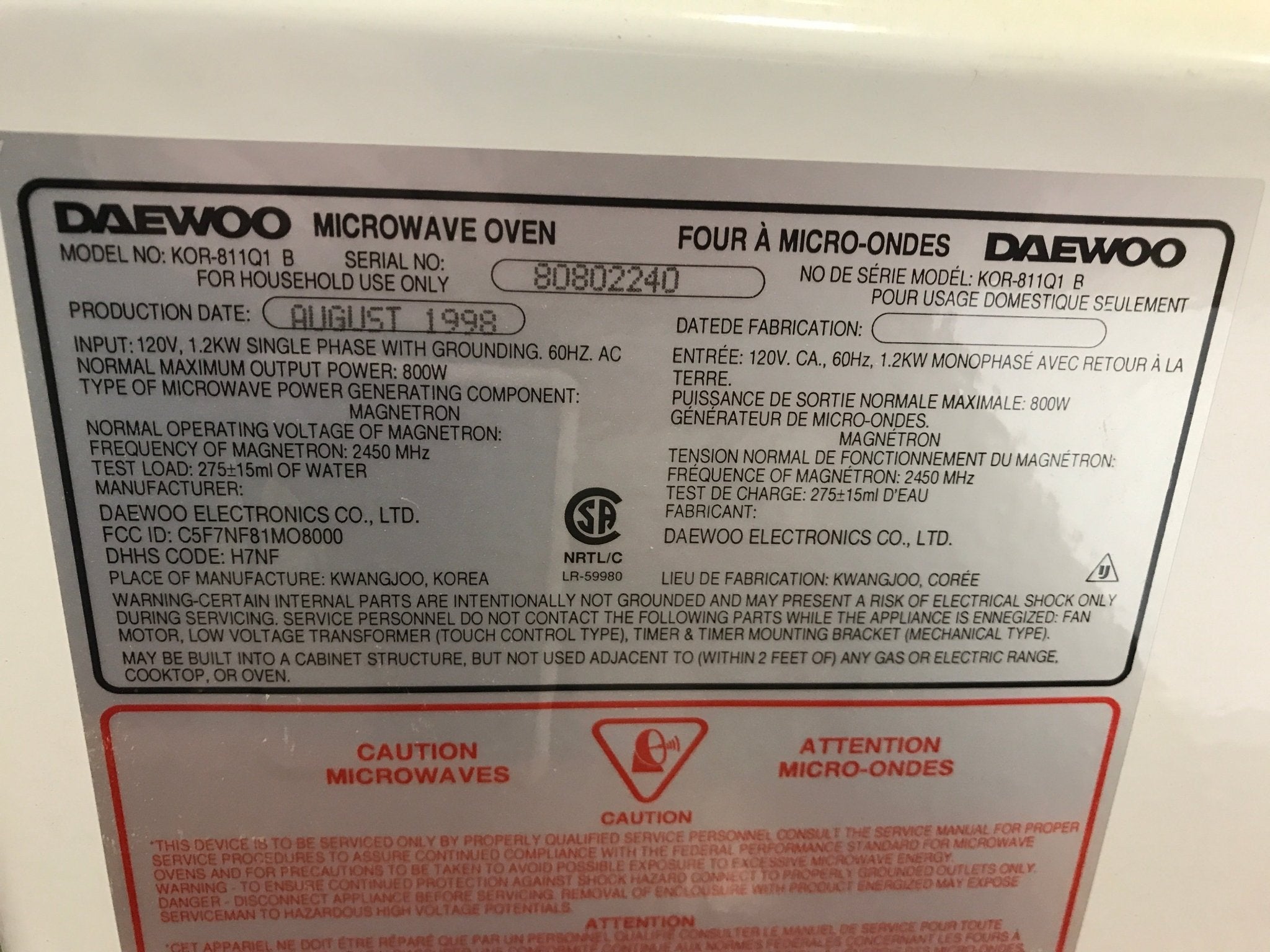 Used Daewoo RV Microwave 19 1/2" W x 11 1/4" H x 13 1/2" D - Young Farts RV Parts