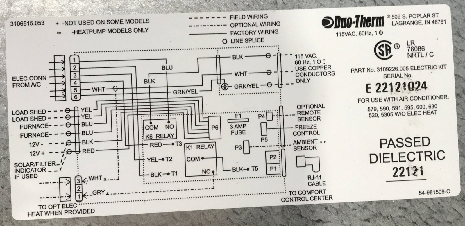 Used Dometic / Duo - Therm Air Conditioner Control Box Assembly - 3109226.005 - Young Farts RV Parts