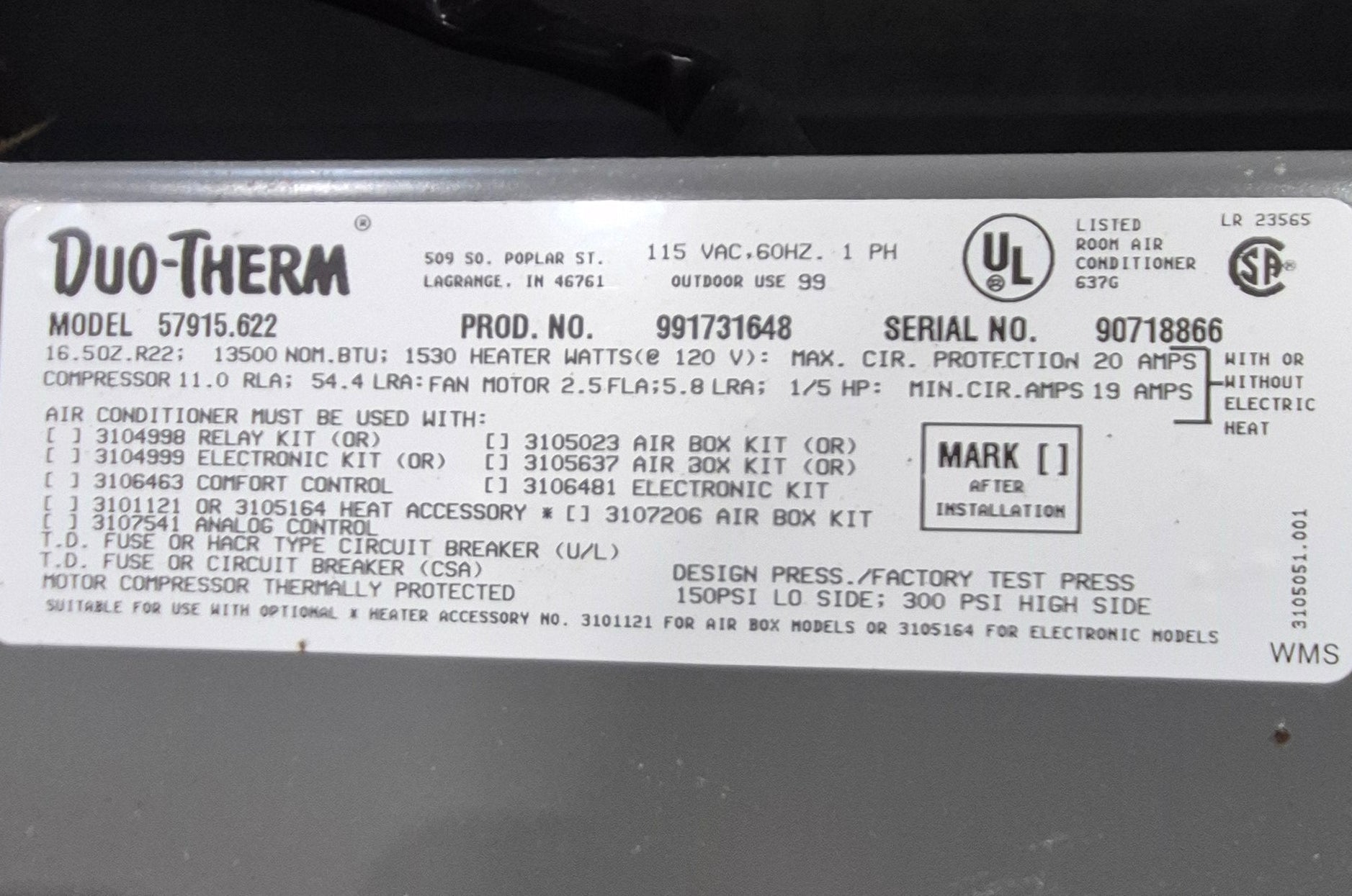 Used Duo - Therm Air Conditioner, Complete, 13500 BTU, Cool Only - 57915.622 - Young Farts RV Parts
