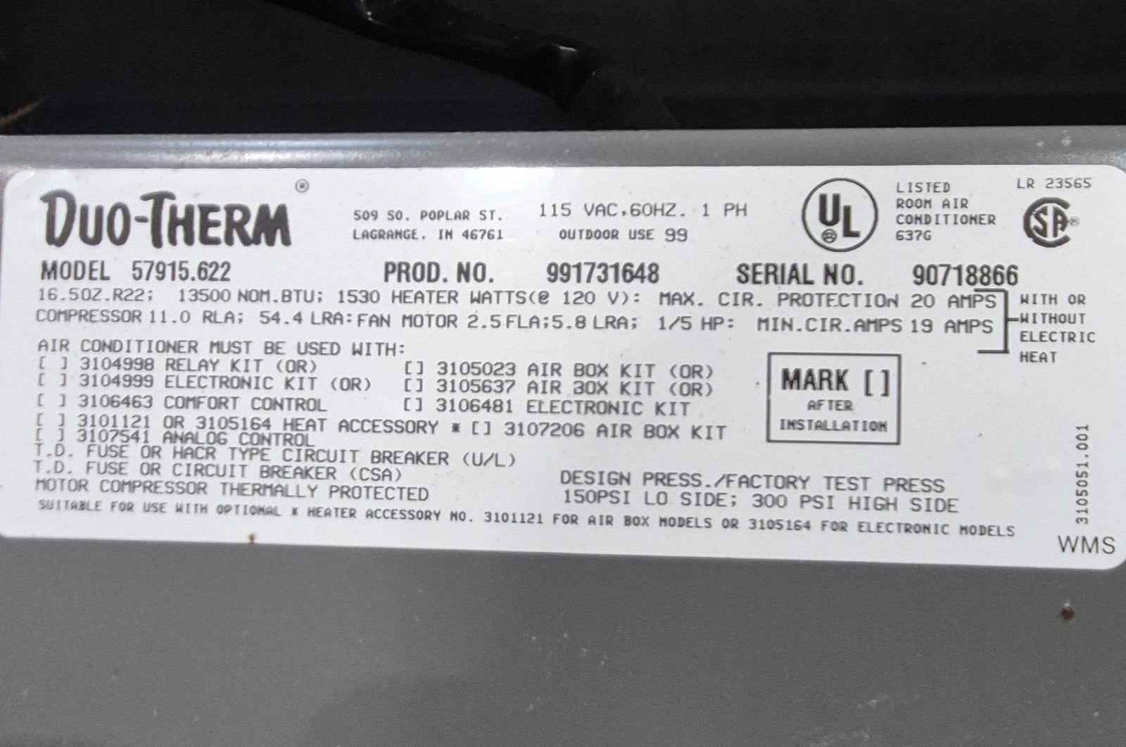 Used Duo - Therm Air Conditioner, Complete, 13500 BTU, Cool Only - 57915.622 - Young Farts RV Parts
