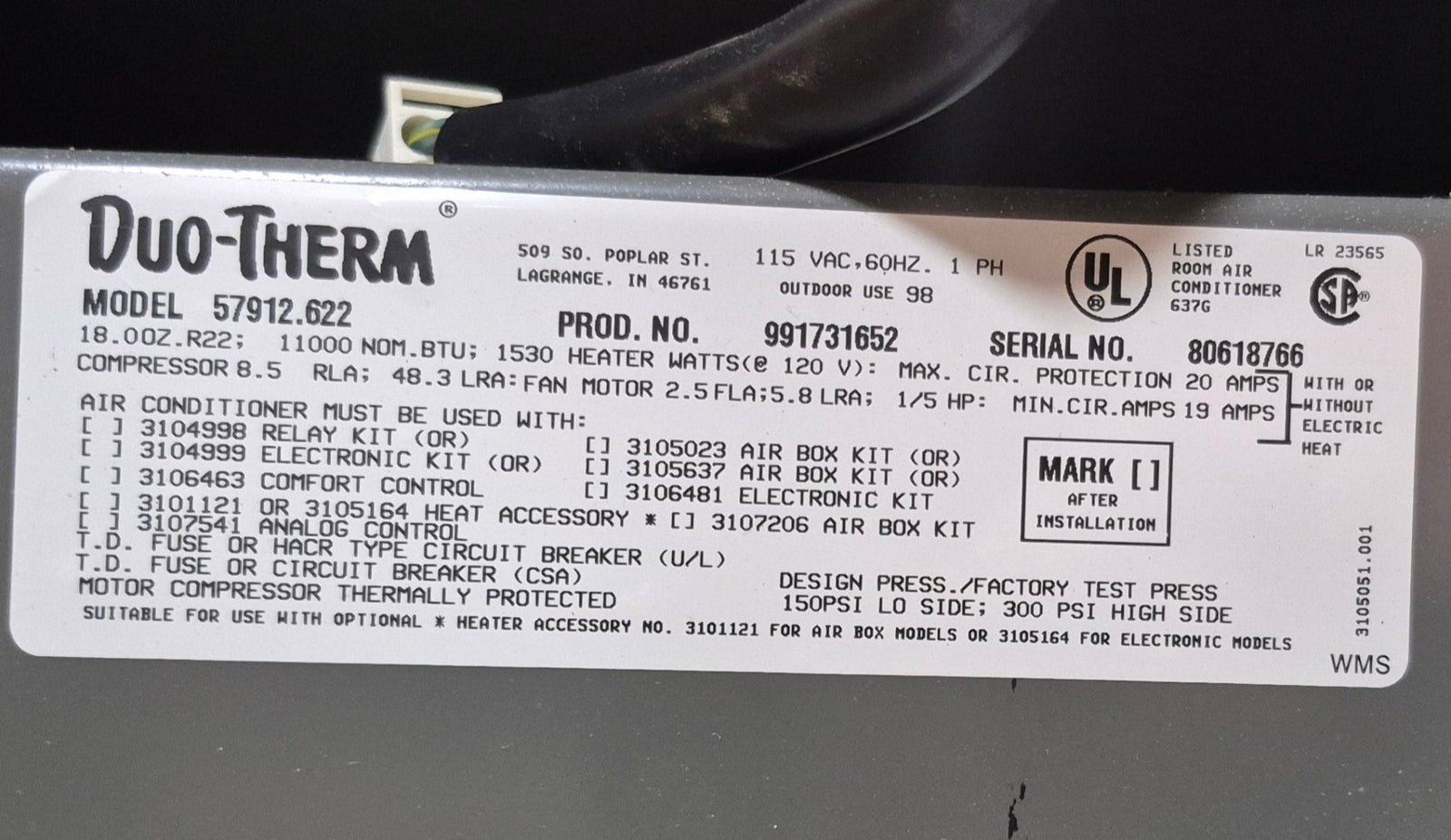 Used Duo - Therm Air Conditioner Complete 57912.622 - 11000 BTU Cool Only - Young Farts RV Parts