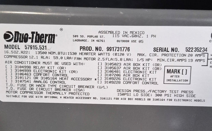 Used Duo - Therm Air conditioner Head Unit 57915.531 - 13500 BTU Cool Only - Young Farts RV Parts
