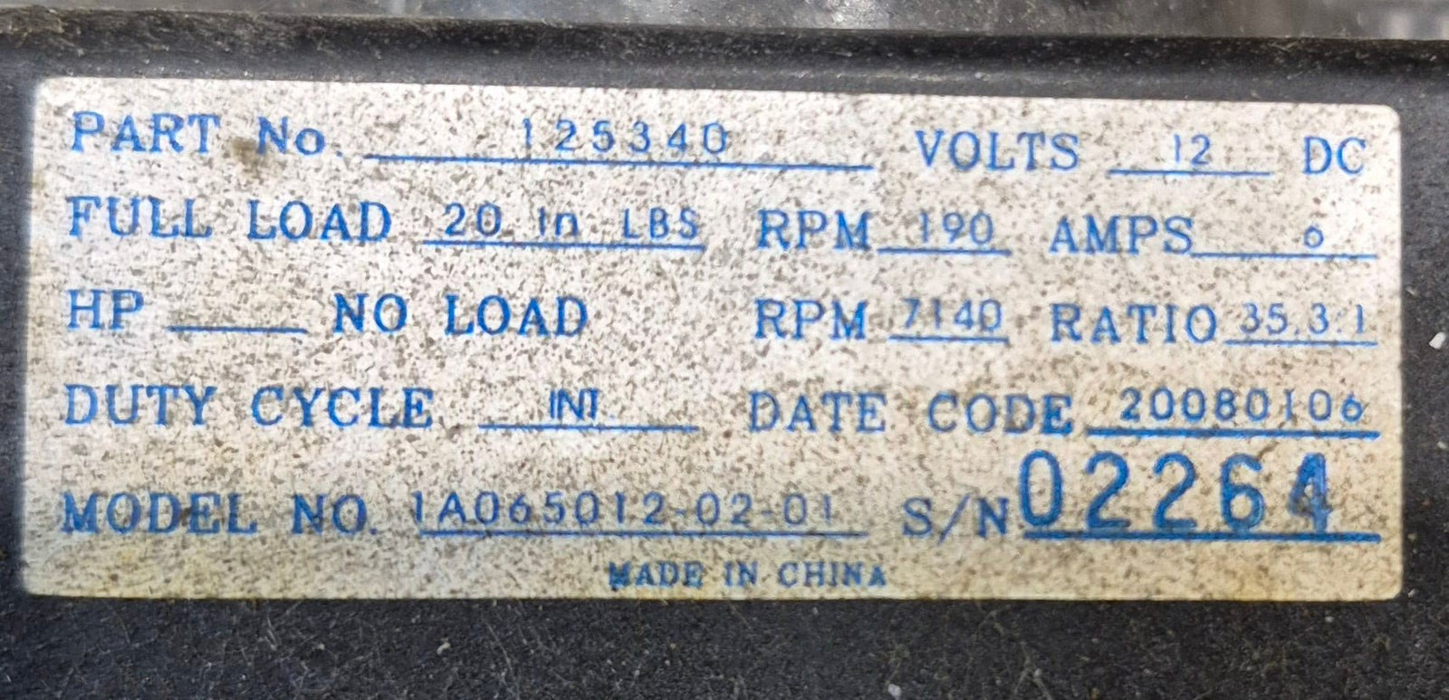 Used Electric Motor For R.V. Trailer Landing Gear 12VDC - 1A065012 - 02 - 01 (1 - 065 - 041012 - 01) - Young Farts RV Parts