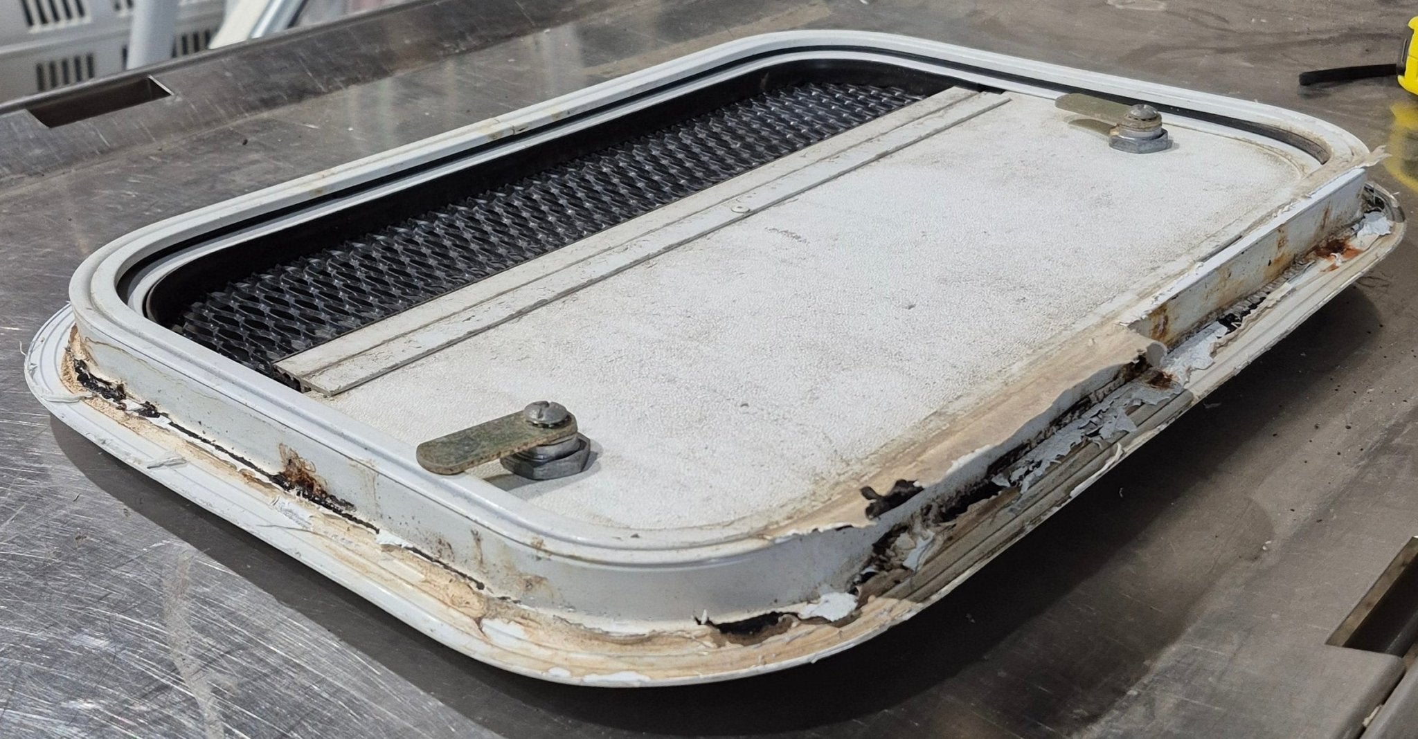 Used Radius Cornered Battery / Propane Cargo Door 16 7/8" x 11 1/2" x 3/4" D - Young Farts RV Parts