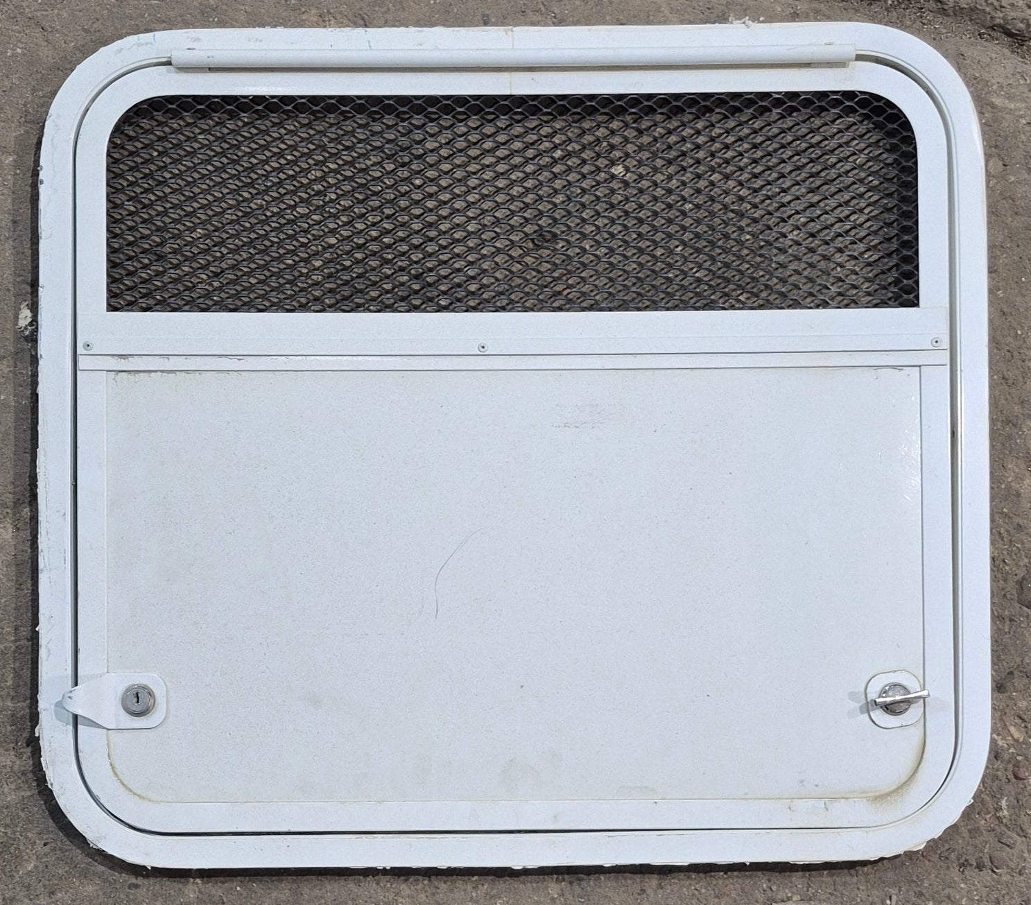 Used Radius Cornered Battery / Propane Cargo Door 23" x 20 3/8" x 3/4" D - Young Farts RV Parts