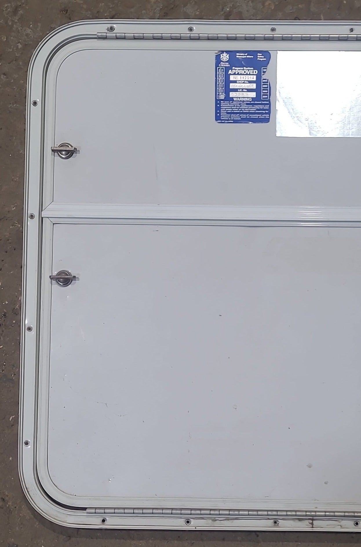 Used Radius Cornered Battery / Propane Cargo Door 29 7/8" x 25 7/8" x 5/8" D - Young Farts RV Parts