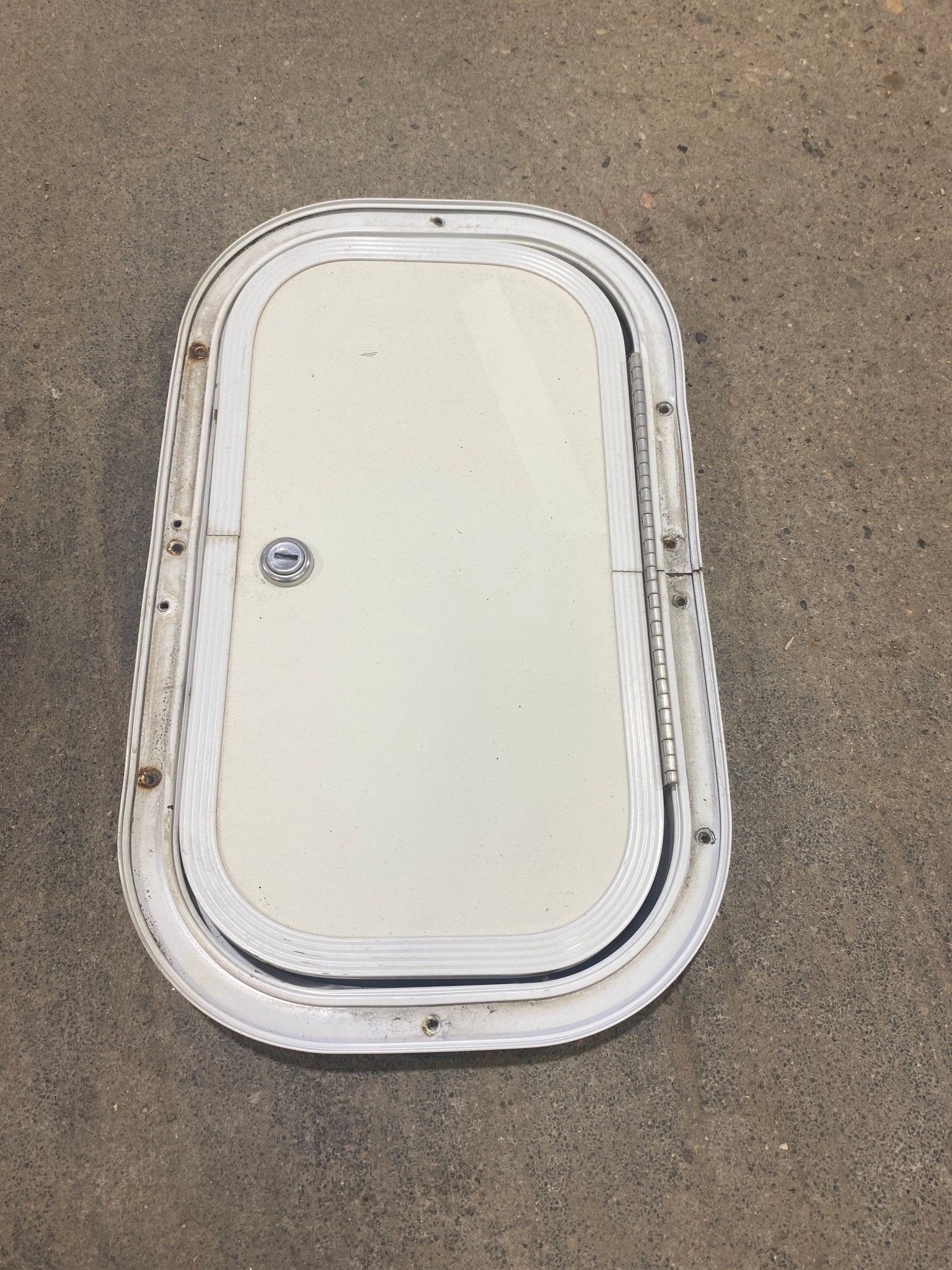Used Radius Cornered Cargo Door 13 3/4" W x 7 3/4" H x 3/4" D - Young Farts RV Parts